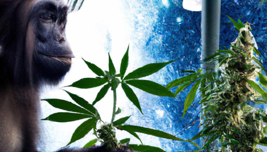 Monkey Genetics - 23.04.37 - realistic photo of monkey growing cannabis in moonbase