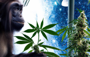 Monkey Genetics - 23.04.37 - realistic photo of monkey growing cannabis in moonbase